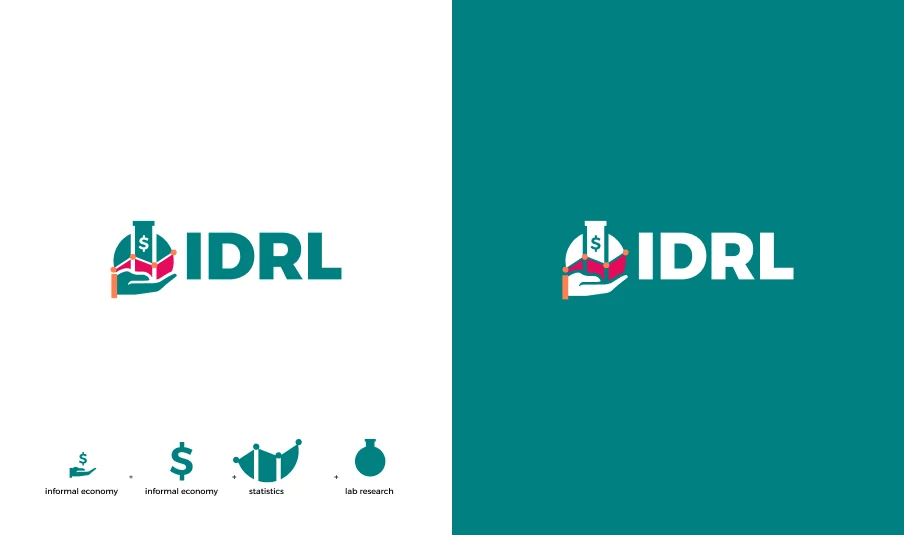 IDRL identity board showing light and dark logo lockups and supporting research symbols