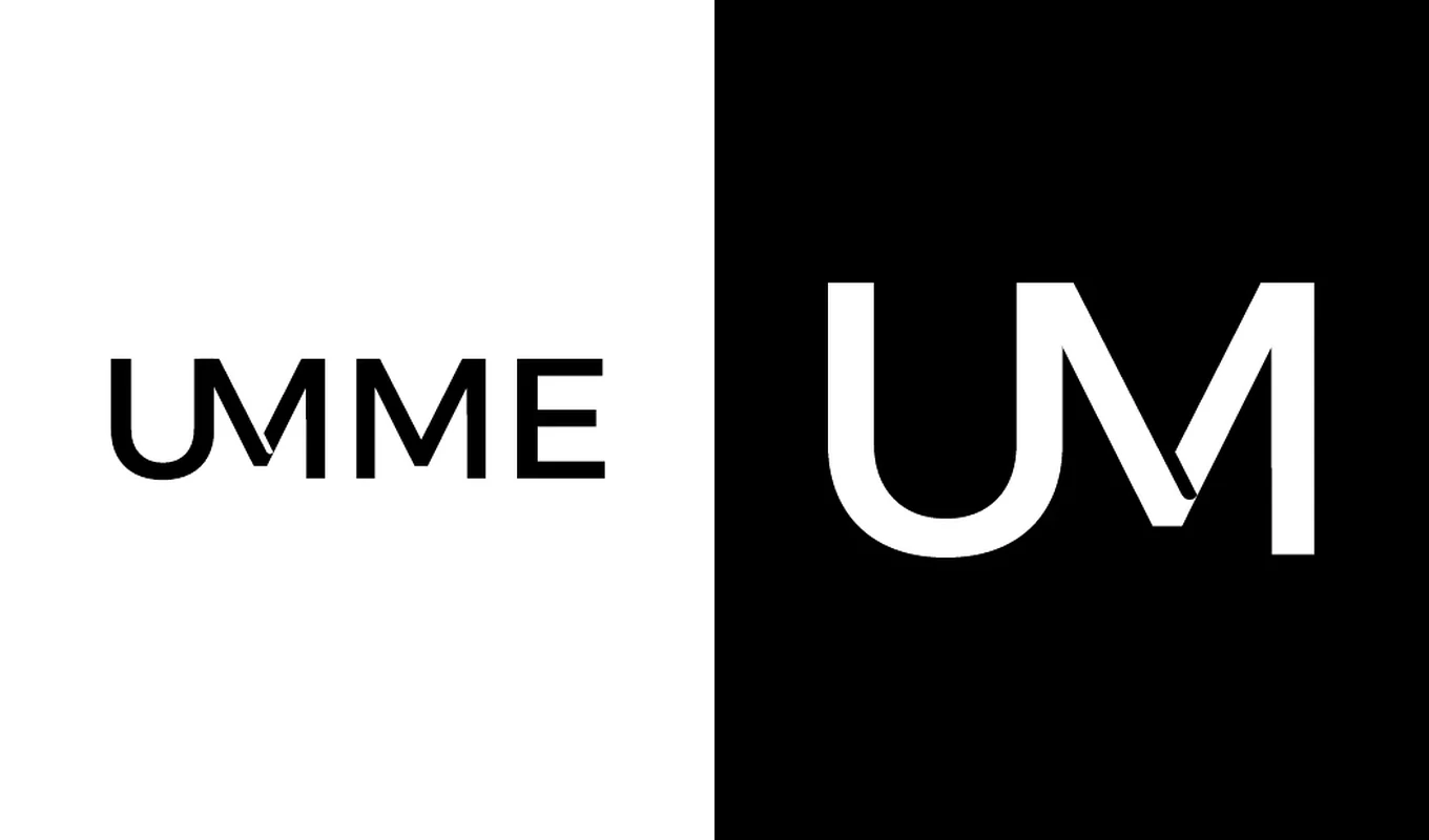UMME fashion wordmark and compact UM monogram shown larger on black and white fields