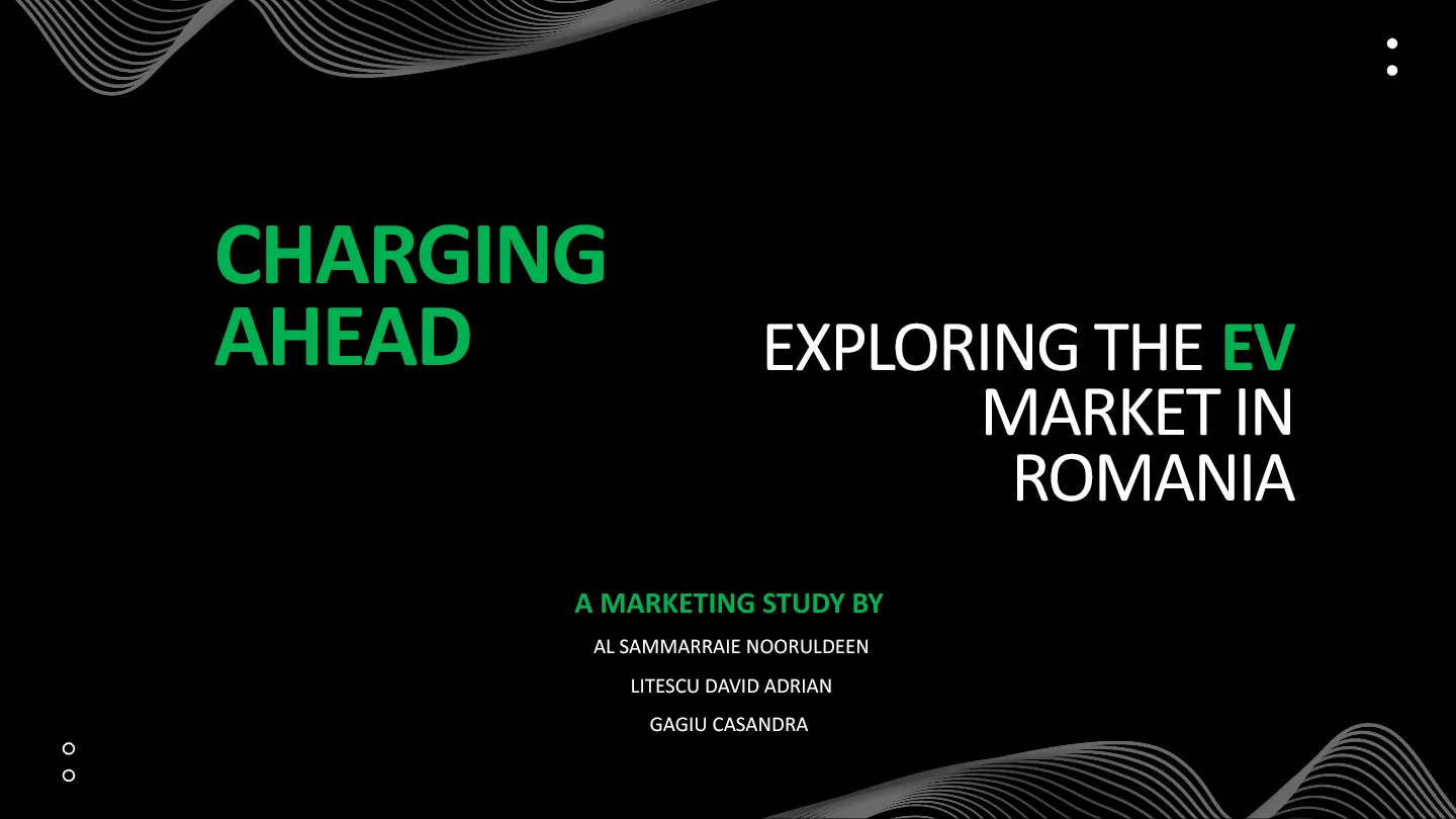 Opening slide for Charging Ahead, a marketing study exploring the EV market in Romania.