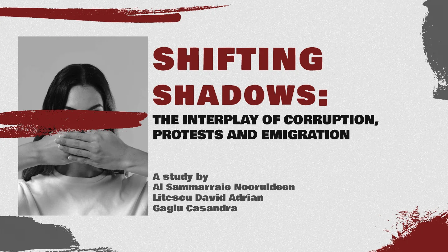 Opening slide of Shifting Shadows: the interplay of corruption, protests and emigration.